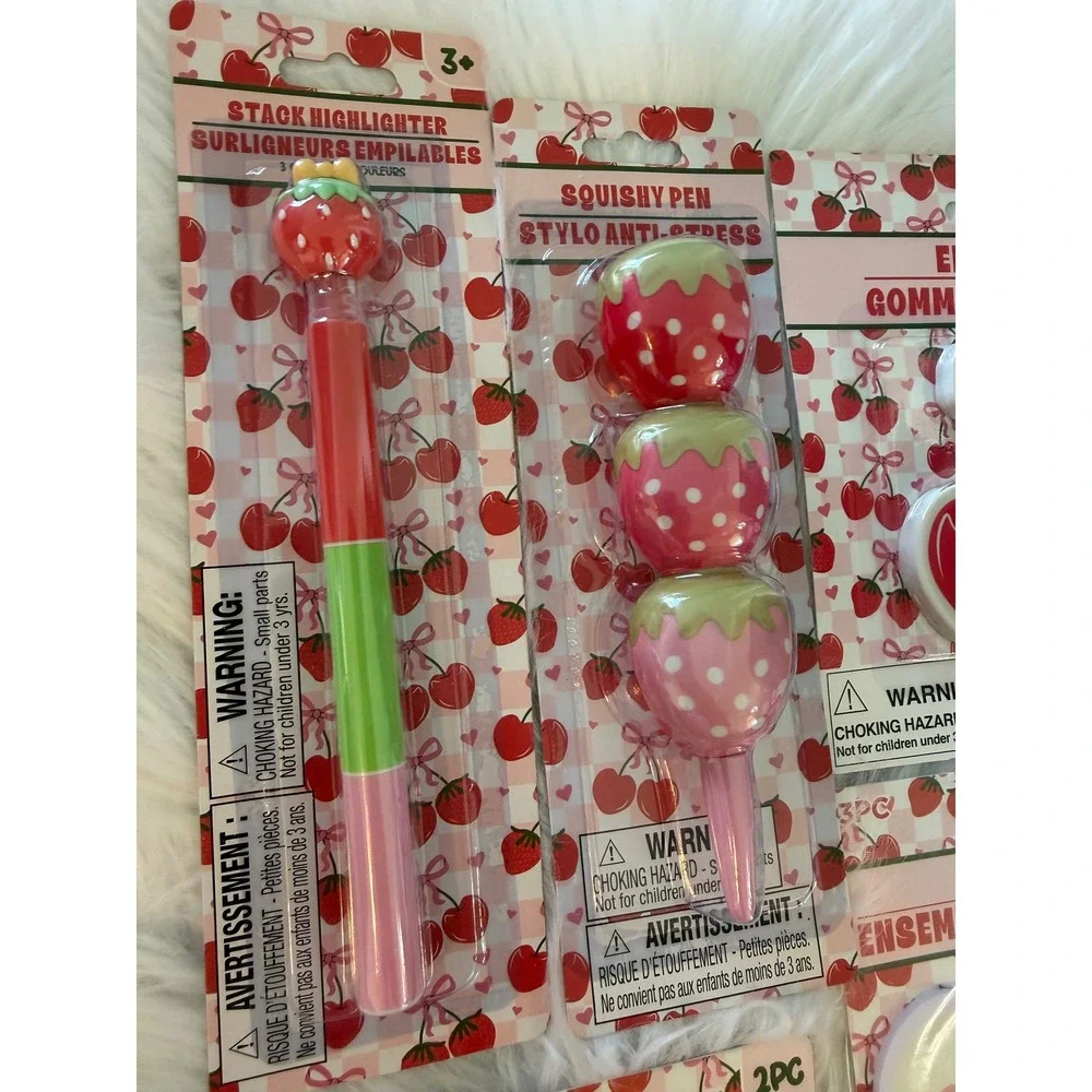 Cherry and Strawberry Stationery Set Pens Highlighters Sticky Notes Erasers 6pc
